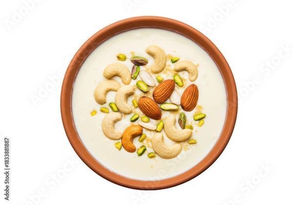 Fototapeta Kheer dessert with nuts and pistachios isolated on transparent background