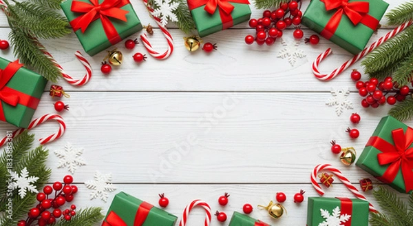 Obraz Green Christmas gift boxes with red bow and candy cane on a white wooden background, with copy space