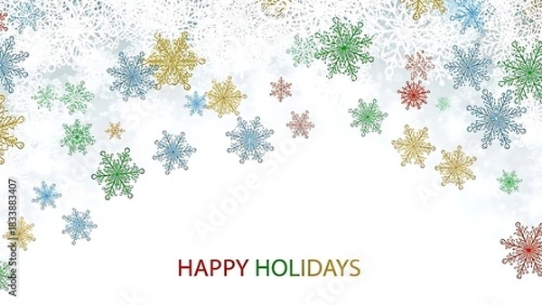 Fototapeta Colorful holiday snowflakes scattered on white background with happy holidays greeting