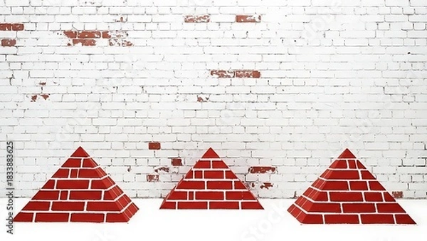 Obraz Three red brick pyramids on a white brick wall background