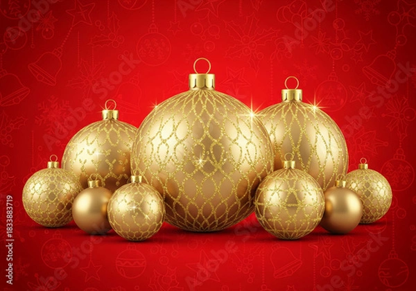 Obraz Gold Christmas baubles with glittering net textures on a vibrant red background