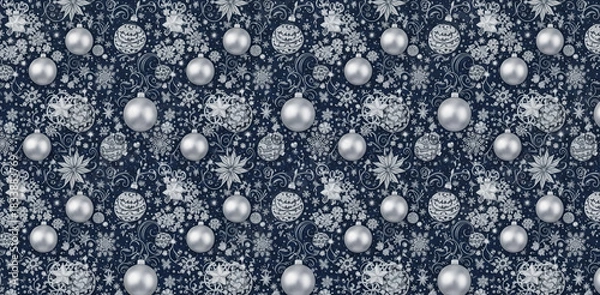 Obraz Dark blue and silver seamless Christmas pattern with matte and glossy baubles, ornate swirls and large stylized snowflakes