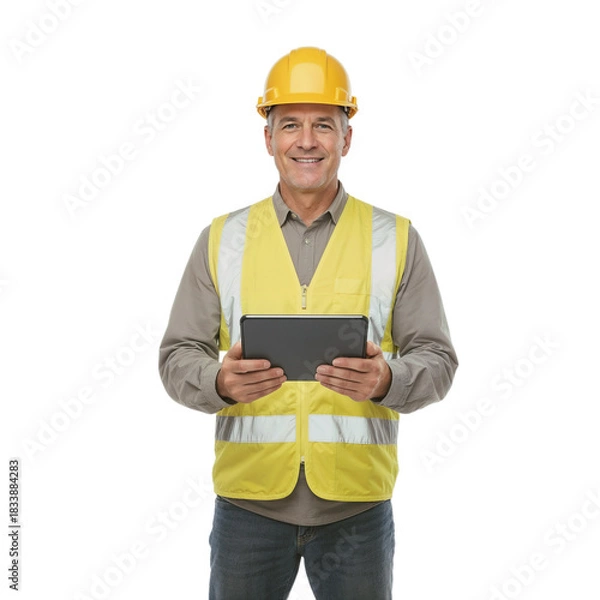 Fototapeta Construction worker wearing a safety helmet and vest holding a tablet in a workplace setting