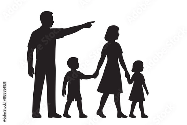 Obraz Family pointing horizon silhouette is perfect for hopeful, inspirational vector art.