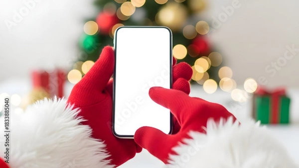 Fototapeta Santa Claus hands using smartphone with blank screen near Christmas tree  