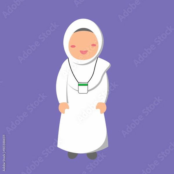 Obraz A cute Muslim girl vector wearing white clothes typically used for hajj, perfect for Islamic learning materials, kids books, posters, and educational content.