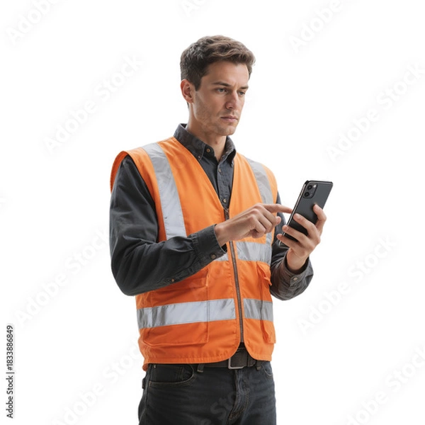 Fototapeta Worker in safety vest uses phone while standing in plain setting during daylight hours