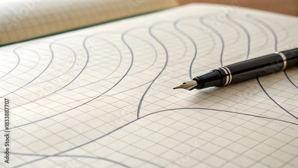 Fototapeta Full hd 4k stock image download Black fountain pen resting on graph paper with abstract wavy lines writing