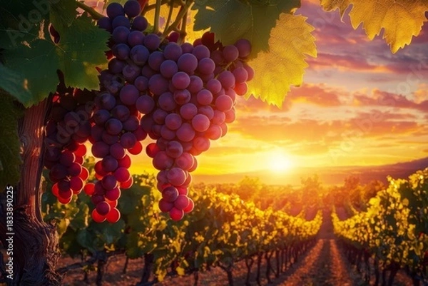 Fototapeta Golden sunlight illuminating grapes in a serene vineyard setting.
