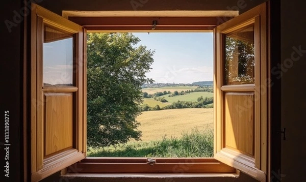 Fototapeta A picturesque open window offering a serene view of a vast field and lush trees. 