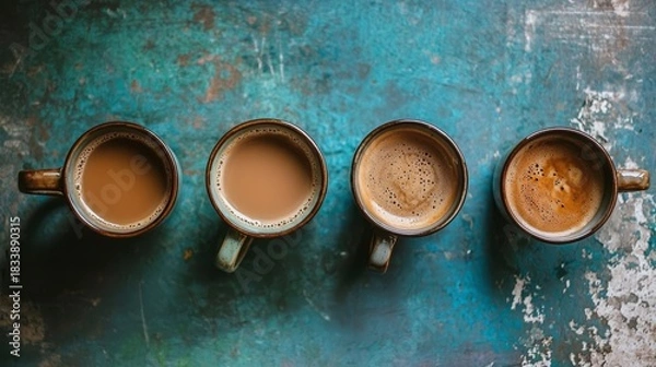 Fototapeta A quartet of coffee mugs displayed in harmony. 