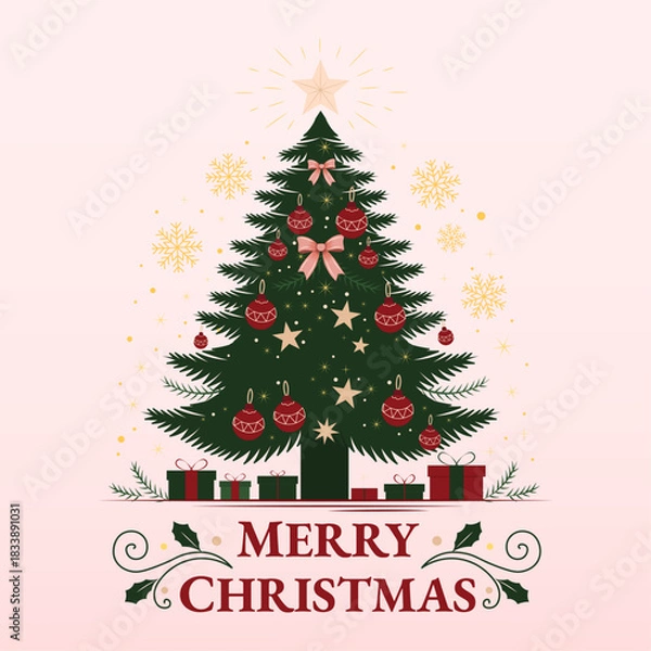 Fototapeta Merry Christmas, and Christmas tree and some presents under it, with a cute pink background and stars. Vector Illustration.