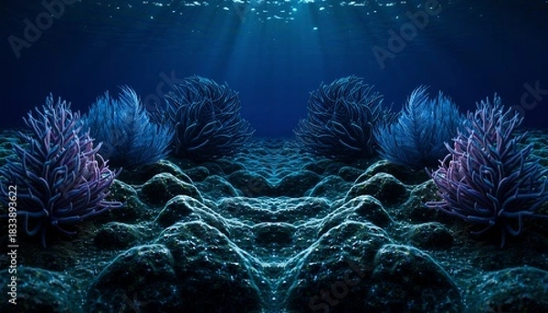 Fototapeta Underwater Scene with Coral Reefs and Sunlight Beams in Deep Ocean