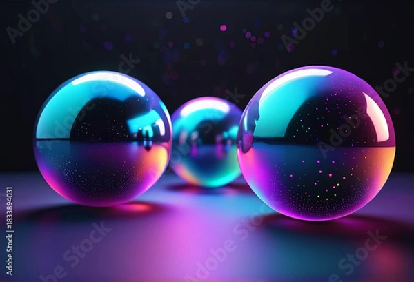 Fototapeta Vibrant Holographic Glass Spheres, Iridescent Neon Reflective Orbs in Cyan, Teal, and Purple Glow on Sparkling Dark Backdrop