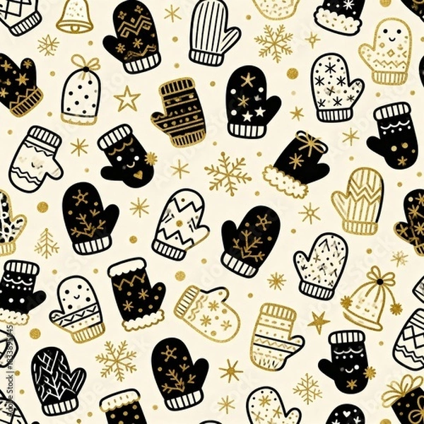 Fototapeta Charming Christmas Doodle Background Filled with Tiny Sketches of Mittens, Snowflakes, and Holiday Icons in Black and Gold