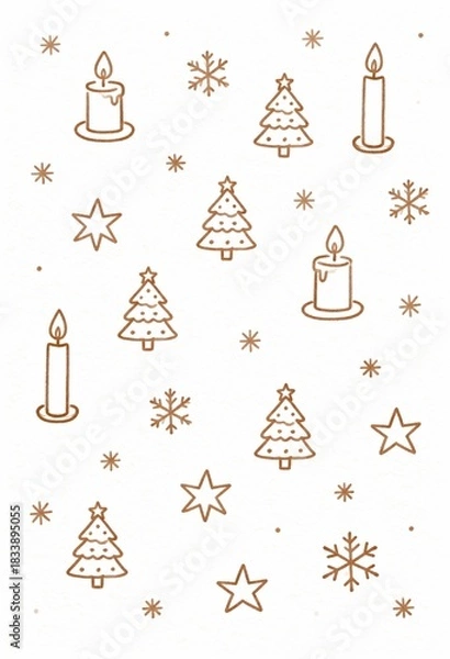Fototapeta Lightly Scattered Christmas Doodle Background with Candles, Trees, Stars, and Snowflakes for a Festive Atmosphere