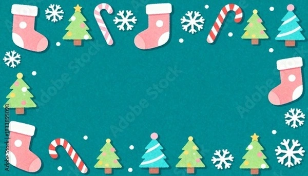 Fototapeta Colorful Christmas Doodle Frame with Various Simple Icons Including Stockings, Trees, Candy Canes, and Snowflakes