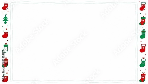 Fototapeta Festive Christmas Doodle Frame with Simple Icons of Stockings and Trees for Holiday Greeting Cards and Decorations