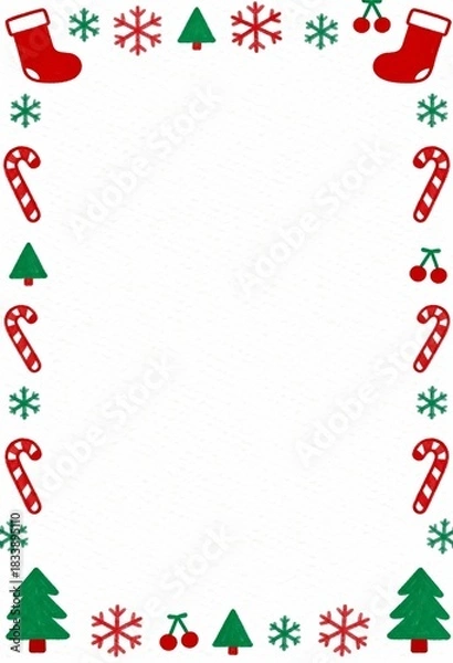 Fototapeta Simple Christmas Doodle Frame with Colorful Icons of Stockings, Trees, Candy Canes, and Snowflakes for Holiday Decor