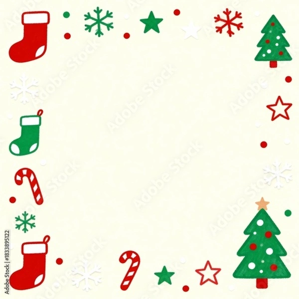 Fototapeta Simple Christmas Doodle Frame with Colorful Icons of Stockings, Trees, Snowflakes, and Candies for Holiday Greetings