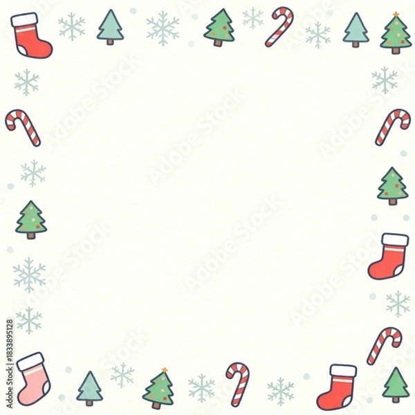 Fototapeta Christmas Doodle Frame Featuring Simple Icons of Stockings, Trees, Snowflakes, and Candy Canes for Festive Designs