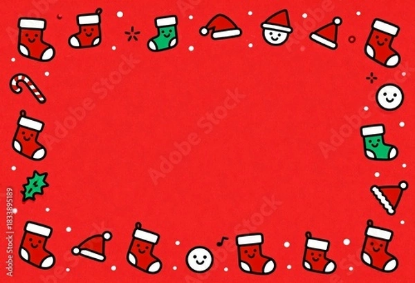 Fototapeta Cute Christmas Doodle Frame with Simple Icons of Stockings, Hats, and Smiles on a Red Background for Festive Decor