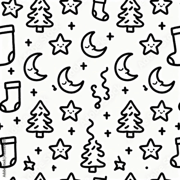 Fototapeta Cute Hand-Drawn Christmas Doodle Pattern Featuring Tiny Wobbly Trees, Sleeping Moons, Stars, and Stockings for Festive Designs