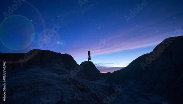 Fototapeta Silhouette Person Standing on Mountain Peak Under Starry Night Sky with Lens Flare