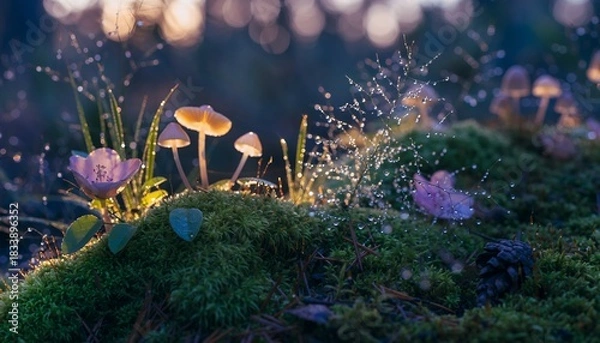 Fototapeta Mossy Forest Floor with Mushrooms Dew Drops and Spider Webs at Sunset