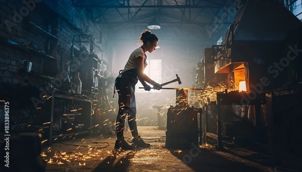 Fototapeta Female Blacksmith Working with Hot Metal in Industrial Workshop with Sparks and Bright Light