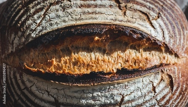Fototapeta Close Up of Cracked Rustic Bread with Toasted Crust and Soft Interior