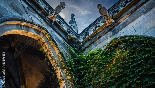 Fototapeta Gothic City Architecture with Gargoyle Statues and Ivy Climbing Stone Wall