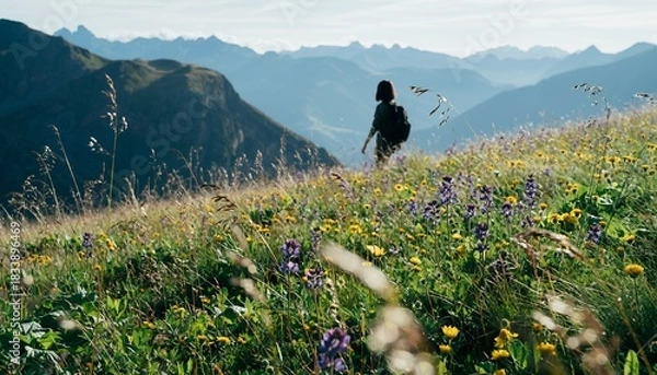 Fototapeta Hiker Woman Walking Through Mountain Meadow with Wildflowers and Scenic Mountain Range
