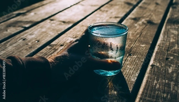 Fototapeta Hand Holding Glass of Cold Water on Wooden Table in Sunlight