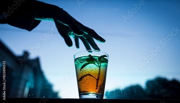 Fototapeta Hand Adding Ice Cubes to Colorful Tropical Drink in Glass in Sunset Outdoors