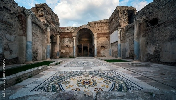 Fototapeta Ancient Roman Ruins with Colorful Mosaic Floor and Sky Background