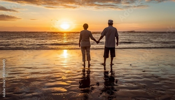 Fototapeta Couple Holding Hands Walking on Beach During Sunset in Warm Calm Scene