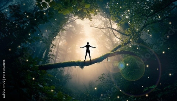 Fototapeta Person Standing on Tree Branch Surrounded by Sparkling Lights in Mystical Forest