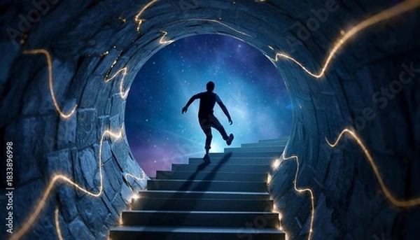Fototapeta Silhouette of Person Walking Up Stairs in Mystical Cosmic Tunnel with Glowing Light Effects