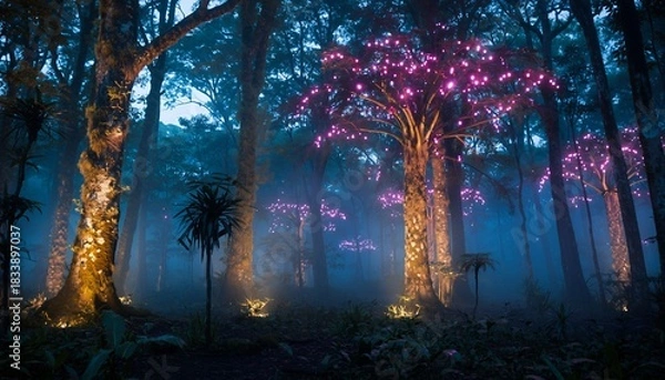 Fototapeta Illuminated Forest with Pink Glowing Trees and Blue Misty Atmosphere at Night