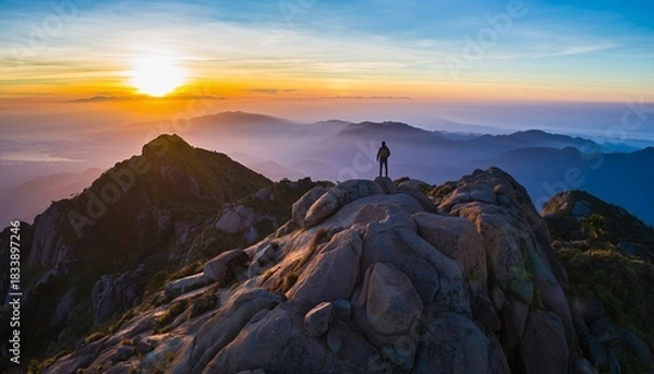 Fototapeta Solitary Hiker Standing on Mountain Peak at Sunrise with Dramatic Clouds and Mountain Ranges in the Background
