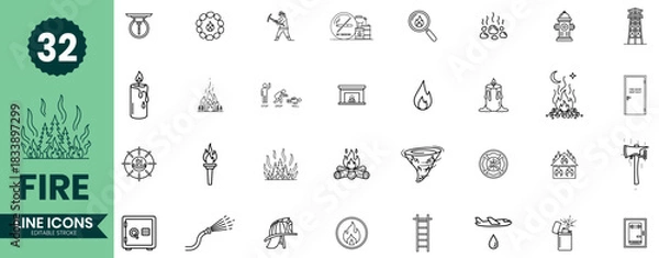 Obraz Fire Line Icons Set  Minimal Vector Flames, Safety, Heat & Firefighting Symbols