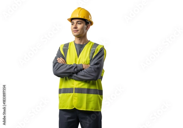 Fototapeta Worker in safety vest and hard hat stands confidently with arms crossed in a professional environment during work hours
