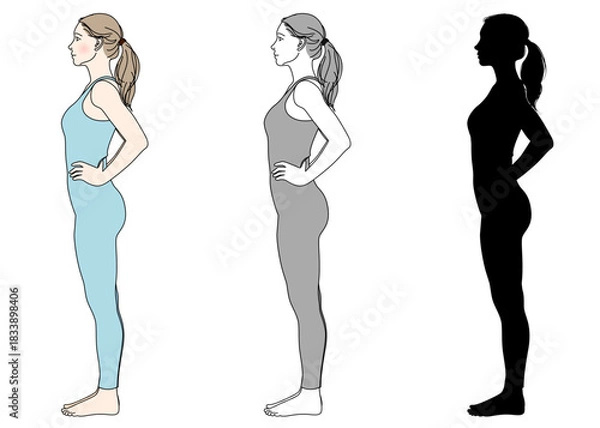 Obraz 姿勢改善 腰に手を当てて立つ正しい姿勢の女性のイラストとシルエットセット 全身横向き