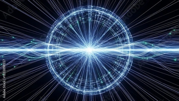 Obraz “circular burst of bright neon rays forming radiant sci-fi energy field, glowing digital light rings and dynamic motion lines