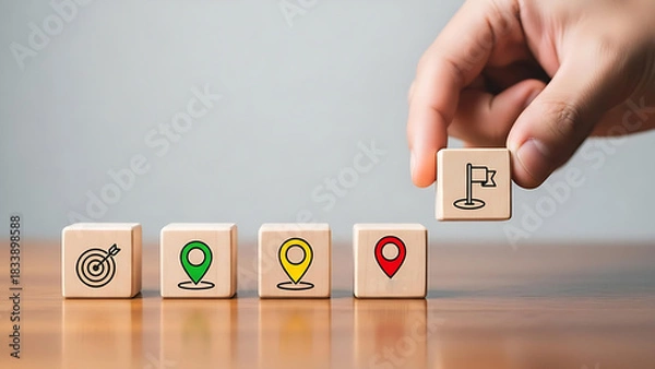 Fototapeta Achieve goals with wooden block icons, illustrating milestones and business success, a strategy for reaching targets and destinations with focus and direction