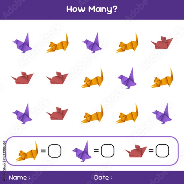 Fototapeta Count how many objects. Educational mathematical game. Counting game for children. Kids activity sheet. Template for how many