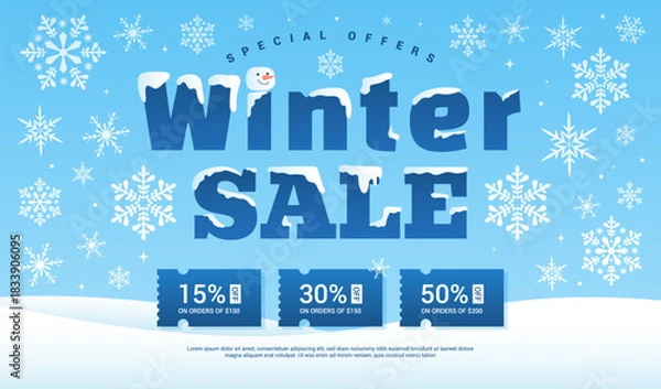 Obraz Winter sale coupon promotion vector illustration. Freezing Text with cute snowman on snowflakes background