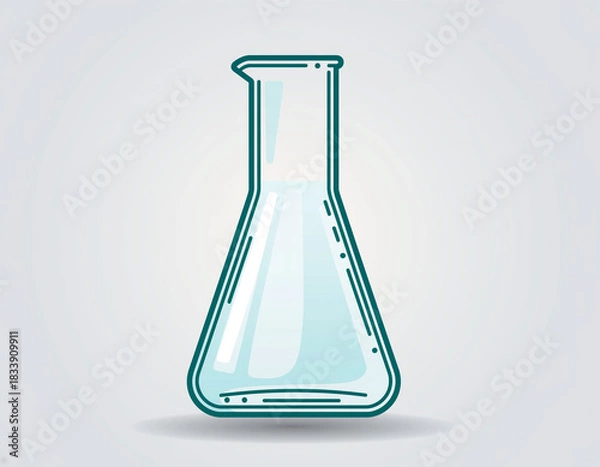 Obraz A simple cartoon illustration of a clear glass Erlenmeyer flask containing light blue liquid, on a grey background.