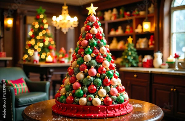 Obraz A festive cafe interior with a colorful Christmas tree made of sweet candies balls, surrounded by holiday decorations, creates a joyful luxury atmosphere. Advertising with copy space